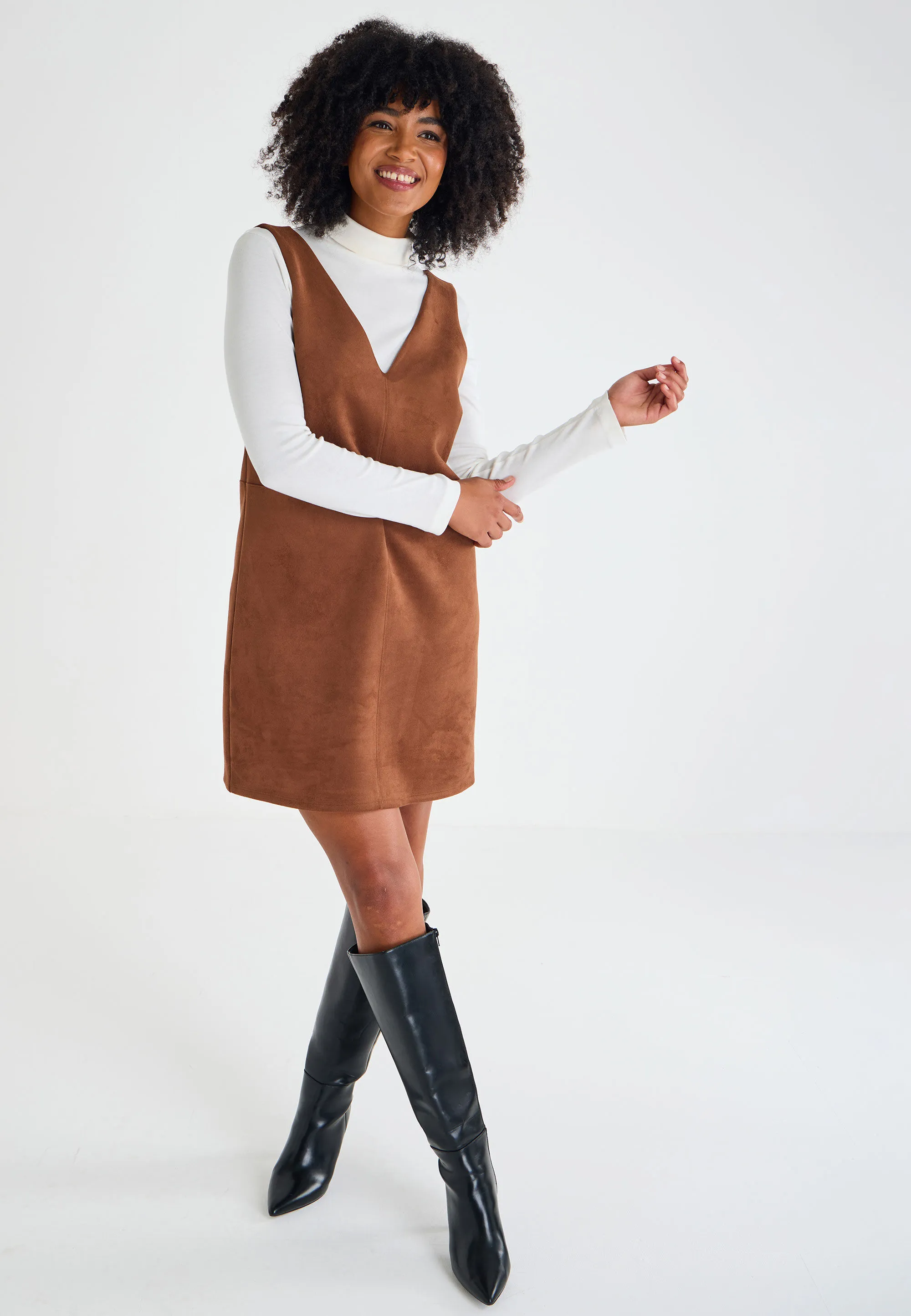 Womens Tan Plain Suedette Pinny Dress