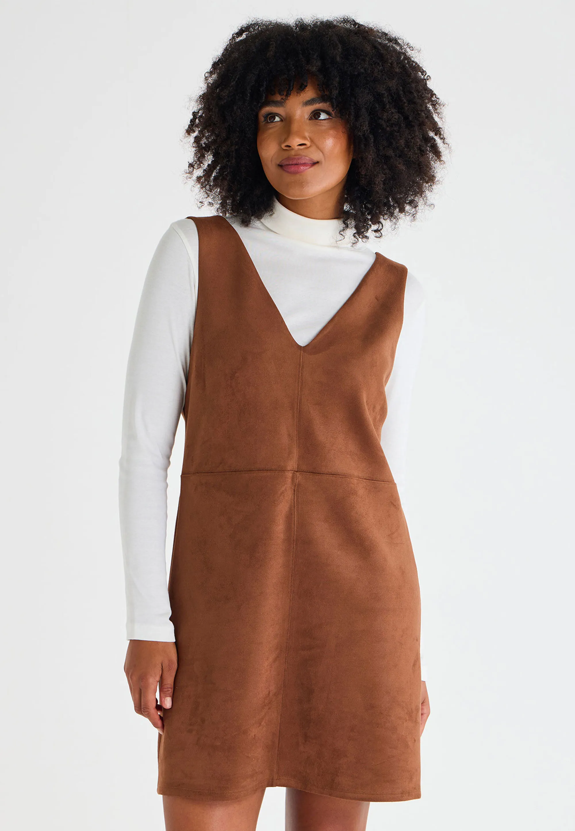 Womens Tan Plain Suedette Pinny Dress