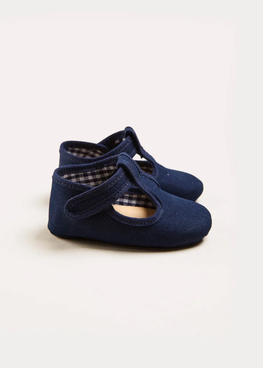 Woven T-Bar Pram Shoes in Navy (17-20EU)