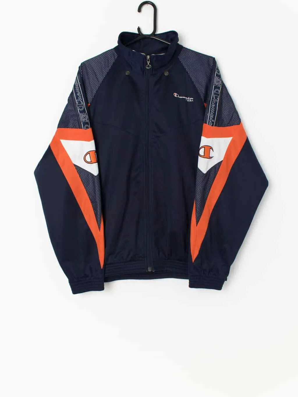 Y2K vintage Champion track jacket in navy blue and orange – Large