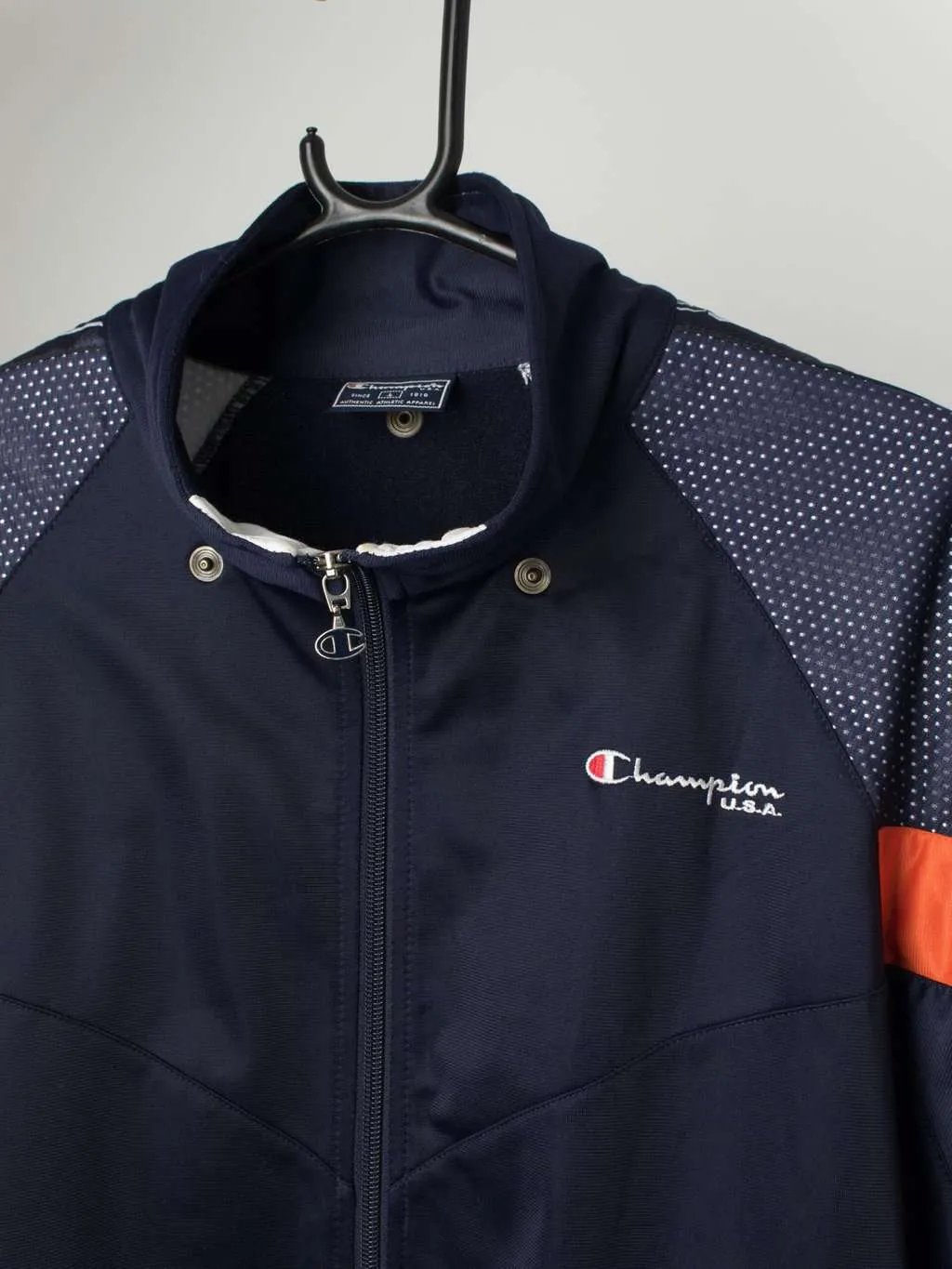 Y2K vintage Champion track jacket in navy blue and orange – Large