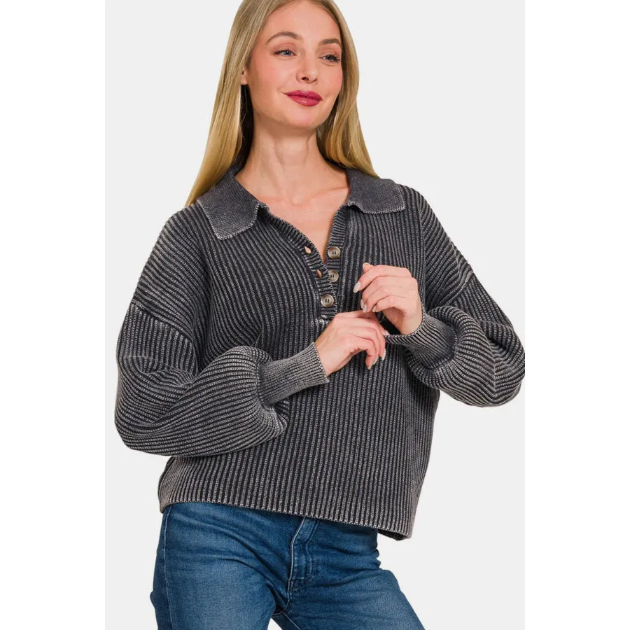 Zenana Washed Half Button Long Sleeve Sweater