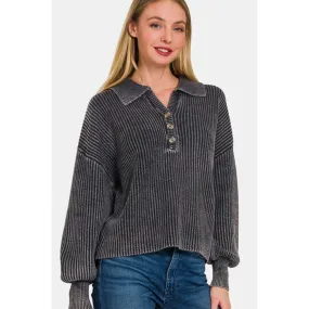 Zenana Washed Half Button Long Sleeve Sweater