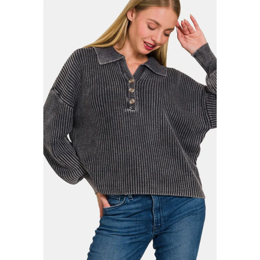 Zenana Washed Half Button Long Sleeve Sweater